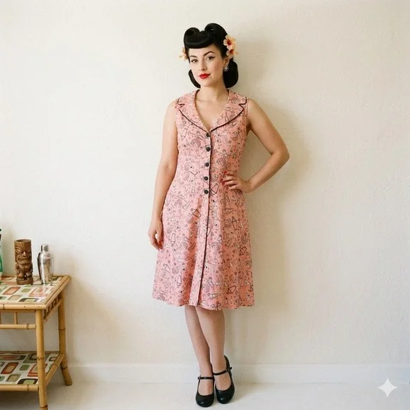 Voodoo Vixen Dress Womens Large Pink Cocktail Tiki Print Rockabilly Retro - Picture 1 of 10